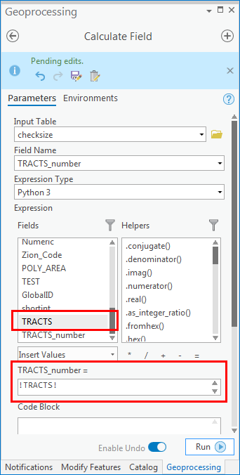 The Calculate Field pane dialog box with the selected string field name.