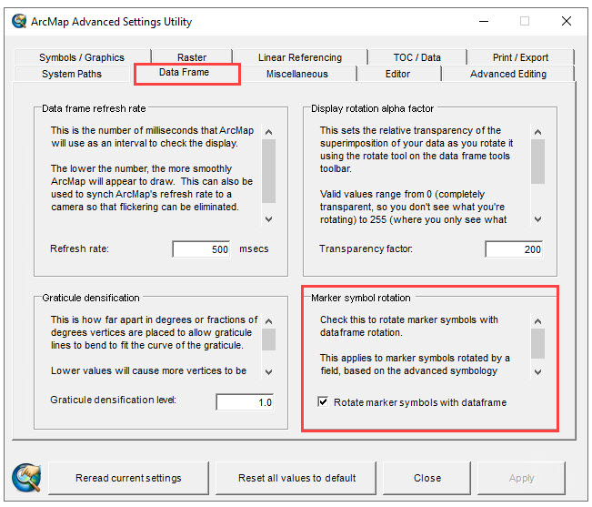 In the ArcMap Advanced Settings Utility, select the Data Frame tab, and uncheck the 'Rotate marker symbols with dataframe' checkbox.