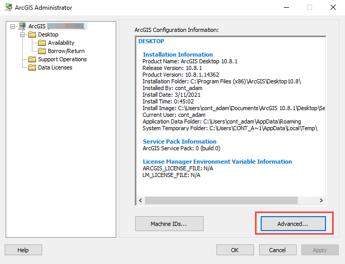 The 'Advanced...' button in ArcGIS Administrator to open the Advanced Configuration window.
