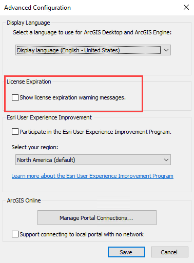 Unchecking the 'Show license expiration warning messages' checkbox in the License Expiration section of the Advanced Configuration window.
