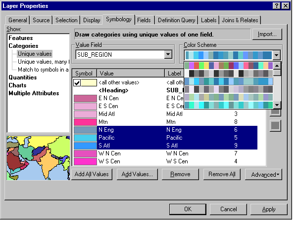 The Layer Properties window displaying the the Unique values symbology.