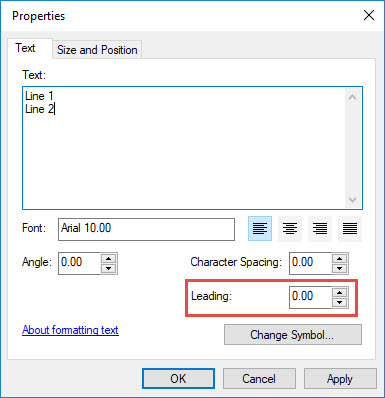 The Properties dialog box with Leading highlighted.