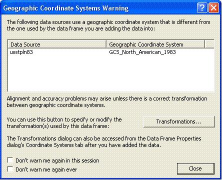 [O-Image] ArcMap Geographic Coordinate Systems Warning dialog 9.2