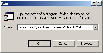 The Run window displays "regsvr32 C:\Windows\system32\oleaut32.dll" in the Open drop-down list. The OK button is highlighted.