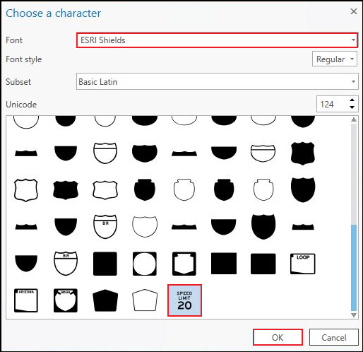 The Choose a character window displaying the Font options. Click OK.