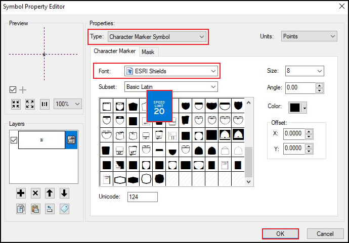 The Symbol Property Editor window, in the Character Marker tab, select the ESRI Shields option and click OK.