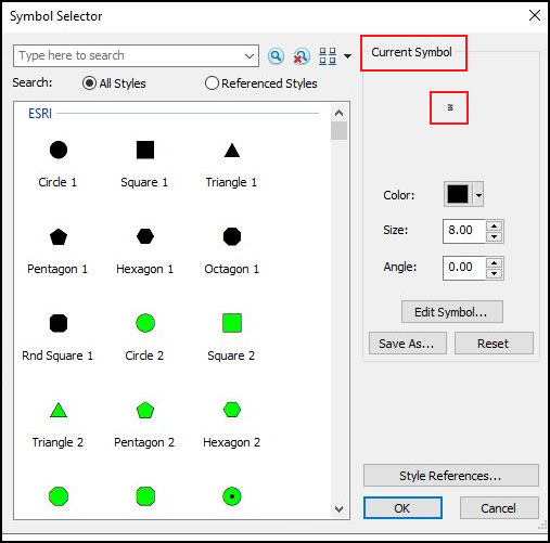 The Symbol Selector window, click the symbol under Current Symbol.