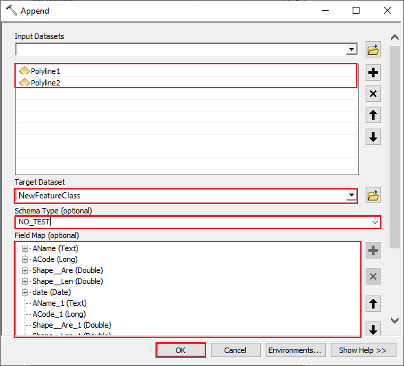 The Append window displaying the Input Datasets, Target Dataset and Schema Type parameters..