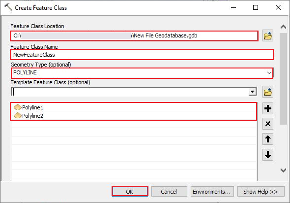 The Create Feature Class window displaying the Feature Class Location, Feature Class Name, Geometry type and Template Dataset parameters.