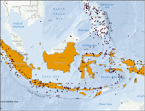 A map of Indonesia containing earthquakes locations represented by points.