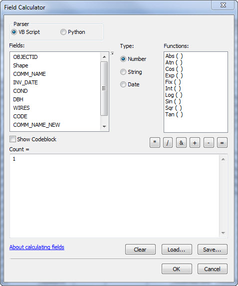 The Field Calculator window displaying the Count field's expression box, and the integer input, 1. Click OK to run the tool.