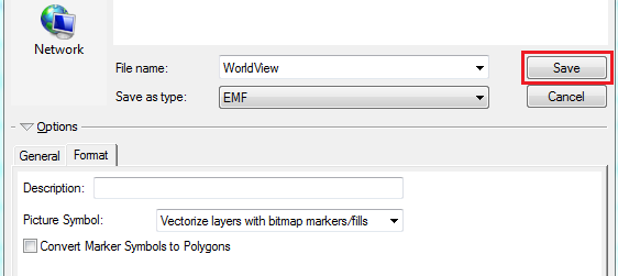 The Format tab of the Export Map dialog box for the EMF file format.
