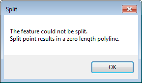 The error message, "The feature could not be split. Split point results in a zero length polyline." is returned.