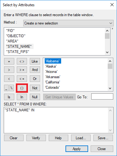 The Select by Attributes window displays the highlighted parenthese.