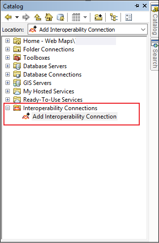 The Catalog pane displaying the Interoperability Connections option.