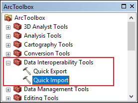The ArcToolbox displaying the Quick Import tool.