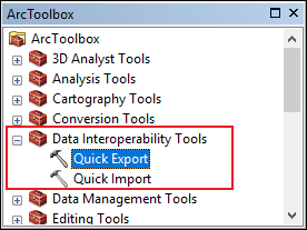 The ArcToolbox displaying the Quick Export tool.