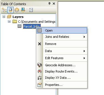Image showing Open after right-clicking the table in the Table of Contents.