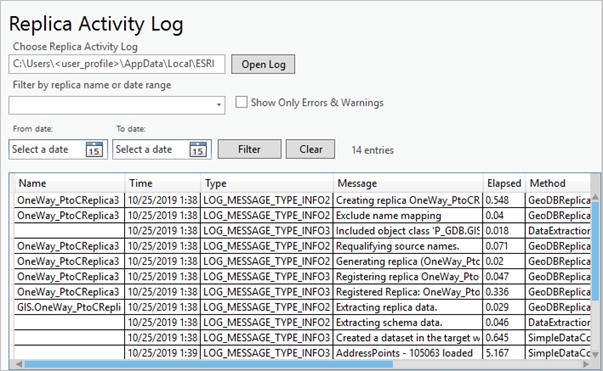 Formatted view of the ArcGIS Pro replica activity log file.