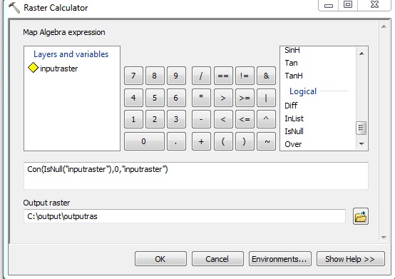 The Raster Calculator tool in ArcMap version 10.x displaying the expression to call the Con and IsNull tools.