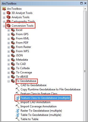 The ArcToolbox pane showing the location of Conversion Tools, To Geodatabase and the Feature Class to Geodatabase (multiple) tool