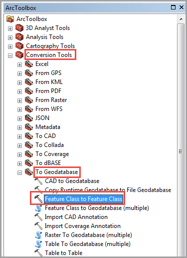 The ArcToolbox pane showing the location of Conversion Tools, To Geodatabase and the Feature Class to Feature Class tool