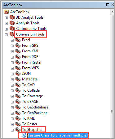 The ArcToolbox pane showing the location of Conversion Tools, To Shapefile and the Feature Class to Shapefile (multiple) tool