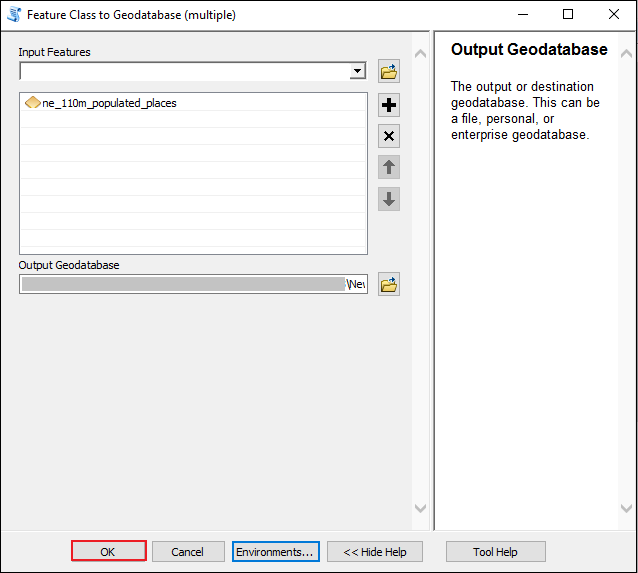 The image shows the Feature Class to Geodatabase (multiple) tool window.