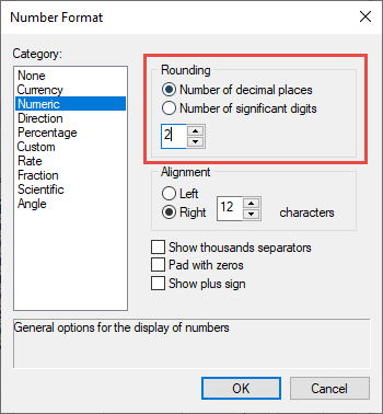 Set the number of decimal places in the Rounding section of the Number Format dialog.