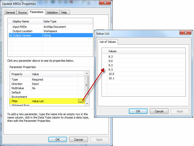 The script Properties window displays the selected parameter and the option to set its version list.