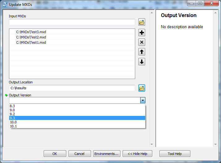 The tool's window displaying the Input MXDs, Output Location and Output Versions parameters.
