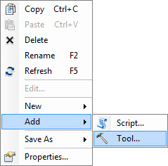 Right-clicking the new toolbox displays the drop-down menu that includes the Add > Script option.