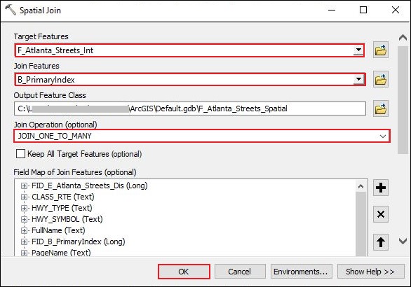 The Spatial Join tool window displaying the Target Features, Join Features, and Join Operation (optional) parameters. Click OK.