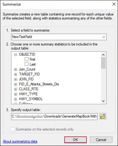 The Summarize window displaying the newly created field as the input. Click OK.