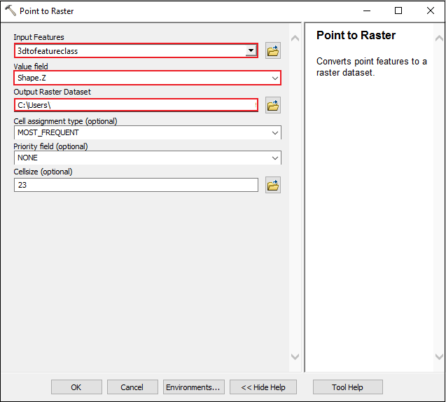 The image shows the screenshot of the Point to Raster tool.
