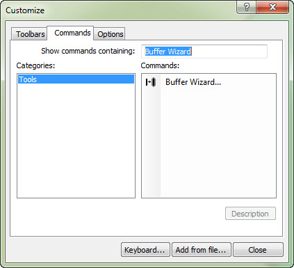 Screen shot of Buffer Wizard tool icon in the customize window.