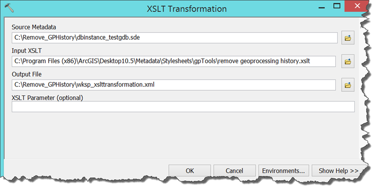 The XSLT Transformation tool window with the appropriate parameters filled.