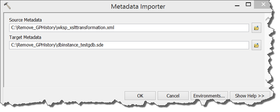 The Metadata Importer tool window with the appropriate parameters filled