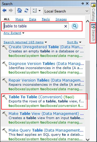 The Search pane displaying the Table To Table tool.