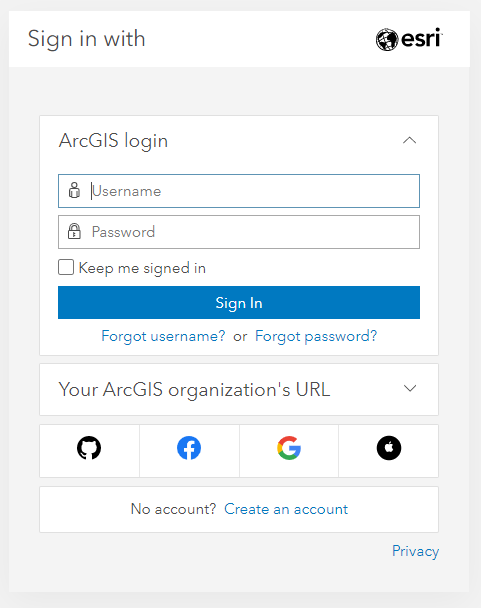 The login page to ArcGIS Online.