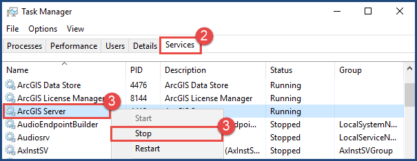The ArcGIS Server service Stop option on the Services tab in the Task Manager window.