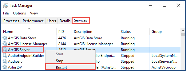 The ArcGIS Server service Restart option on the Services tab in the Task Manager window.