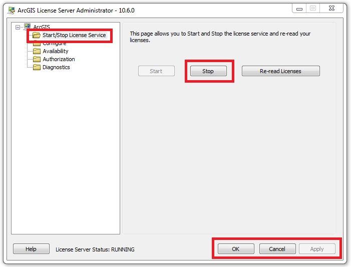 Image of the Stop Service option in ArcGIS License Manager
