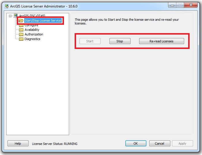 The Start/Stop License Service folder in ArcGIS License Server Administrator
