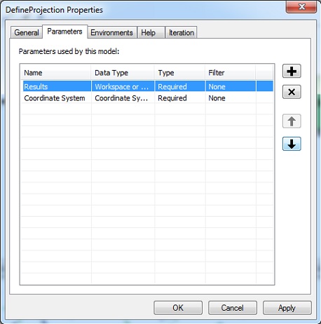 The DefineProjection Properties window displaying the Parameters tab and its properties.