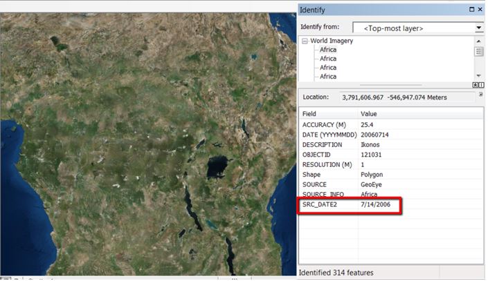 The World Imagery basemap in ArcMap displaying the Identify window.