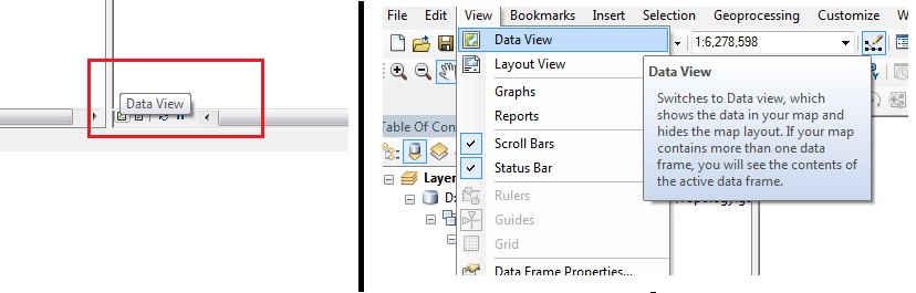 Switching to data view from the bottom left of ArcMap or from View > Data View