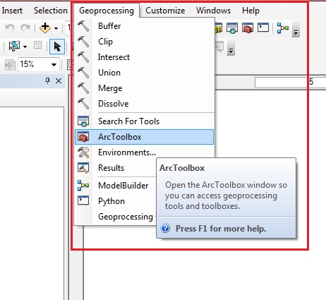 Selecting ArcToolbox from the Geoprocessing tab