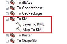 Expanding the To KML tool in the Arc Toolbox window.
