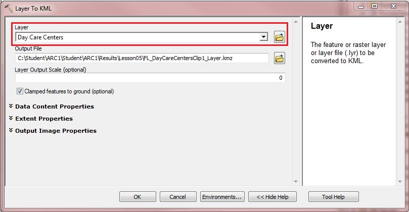 Selecting the desired shapefile to be converted in the Layer drop-down box in the Shapefile to KML window.